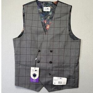 Tayion Men's Windowpane Double-Breasted Suit Vest Burgundy/gray Small $115